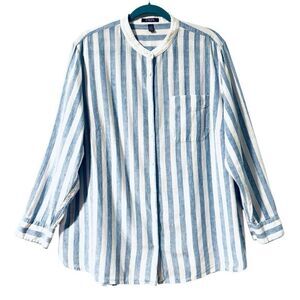 CHAPS Denim 2X linen cotton band collar blue & white stripe button front shirt